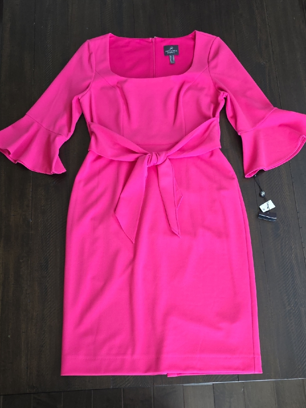 NWT Adrianna Papell Fuchsia Hot Pink Tie Waist Sheath Dress Bell Sleeves Sz 8